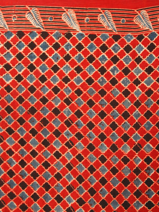 Red Indigo Ivory Black Ajrakh Hand Block Printed Modal Silk Saree in Natural Colors - S031703358