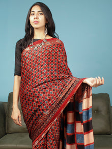 Red Indigo Ivory Black Ajrakh Hand Block Printed Modal Silk Saree in Natural Colors - S031703358