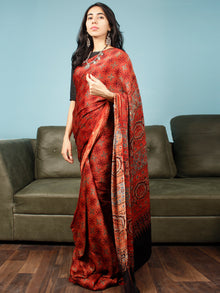 Red Indigo Black Ajrakh Hand Block Printed Modal Silk Saree in Natural Colors - S031703359