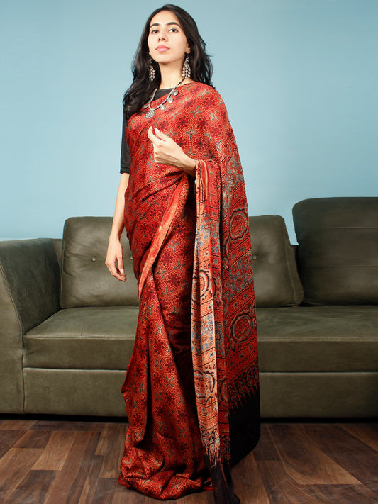 Red Indigo Black Ajrakh Hand Block Printed Modal Silk Saree in Natural Colors - S031703359