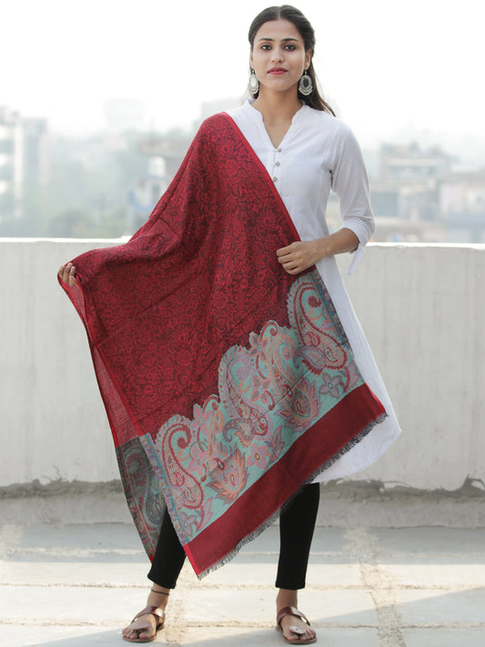 Maroon Sage Green Paisly Weaved Border Silk Wool Kashmiri Stole - S200566