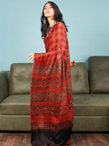 Red Indigo Black Ajrakh Hand Block Printed Modal Silk Saree in Natural Colors - S031703359