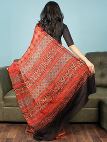 Red Indigo Black Ajrakh Hand Block Printed Modal Silk Saree in Natural Colors - S031703359