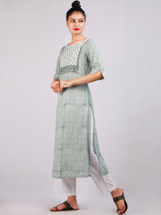 Moss Green White Hand Block Printed Cotton Kurta & Pants -SS0F1911