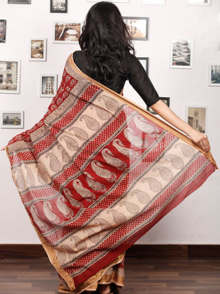 Maroon Beige Black Bagh Printed Maheshwari Cotton Saree - S031703318