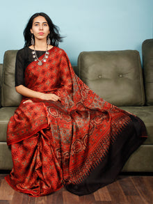 Red Indigo Black Ajrakh Hand Block Printed Modal Silk Saree in Natural Colors - S031703359