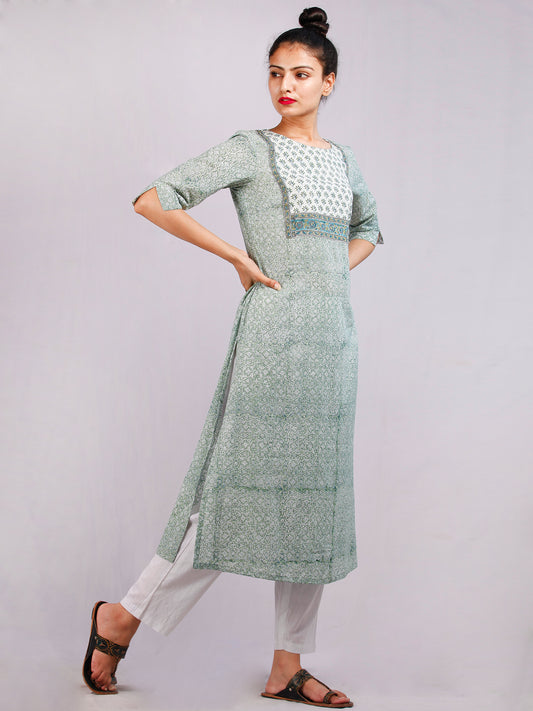 Moss Green White Hand Block Printed Cotton Kurta & Pants -SS0F1911