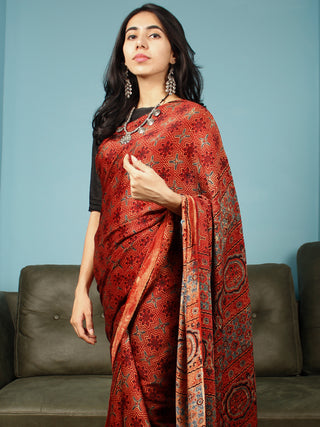 Red Indigo Black Ajrakh Hand Block Printed Modal Silk Saree in Natural Colors - S031703359