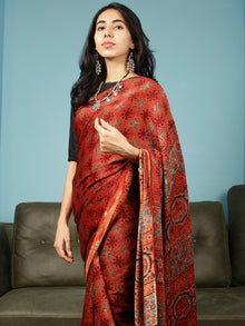 Red Indigo Black Ajrakh Hand Block Printed Modal Silk Saree in Natural Colors - S031703359