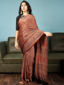 Rust Indigo Black Ajrakh Hand Block Printed Modal Silk Saree in Natural Colors - S031703360