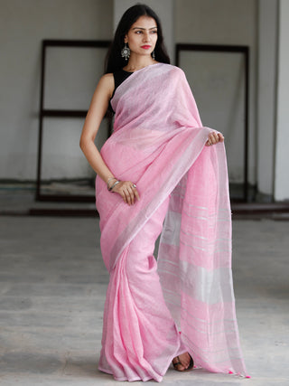 Baby Pink Silver Handwoven Linen Saree With Zari Border & Tassels - S031703751