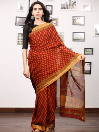 Maroon Rust Orange Black Bagh Printed Maheshwari Cotton Saree - S031703319