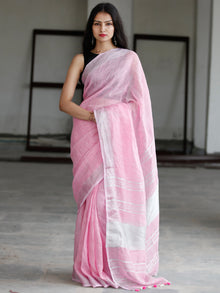 Baby Pink Silver Handwoven Linen Saree With Zari Border & Tassels - S031703751