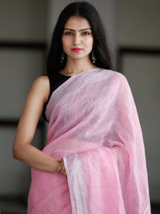 Baby Pink Silver Handwoven Linen Saree With Zari Border & Tassels - S031703751