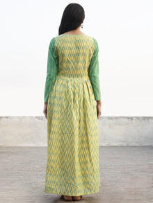 Yellow Green Hand Woven Mercerized Cotton Ikat Dress With Pockets - D173F831