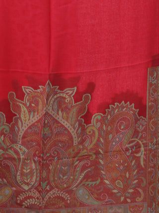 Bright Red Multi Color Paisly Weaved Border Silk Wool Kashmiri Stole - S200569