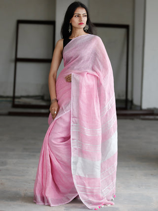 Baby Pink Silver Handwoven Linen Saree With Zari Border & Tassels - S031703751