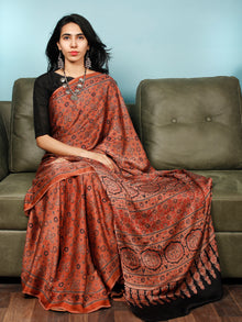 Rust Indigo Black Ajrakh Hand Block Printed Modal Silk Saree in Natural Colors - S031703360