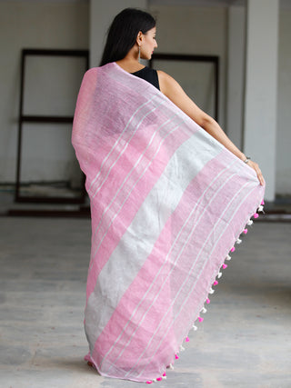 Baby Pink Silver Handwoven Linen Saree With Zari Border & Tassels - S031703751
