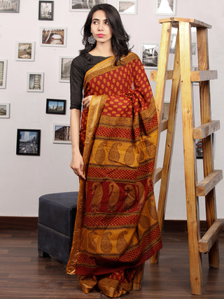 Maroon Rust Orange Black Bagh Printed Maheshwari Cotton Saree - S031703319
