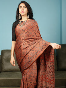 Rust Indigo Black Ajrakh Hand Block Printed Modal Silk Saree in Natural Colors - S031703360