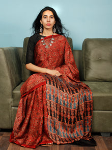 Red Indigo Black Ajrakh Hand Block Printed Modal Silk Saree in Natural Colors - S031704286