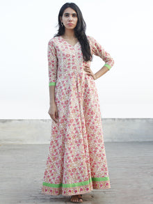 Pink Ivory Mustard Green Long Front Open Hand Block Printed Cotton Dress With Lining - D149F1097