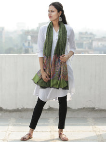Green Black Paisly Weaved Border Silk Wool Kashmiri Stole - S200568