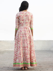 Pink Ivory Mustard Green Long Front Open Hand Block Printed Cotton Dress With Lining - D149F1097