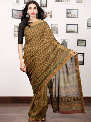 Olive Green Rust Black Bagh Printed Maheshwari Cotton Saree - S031703321