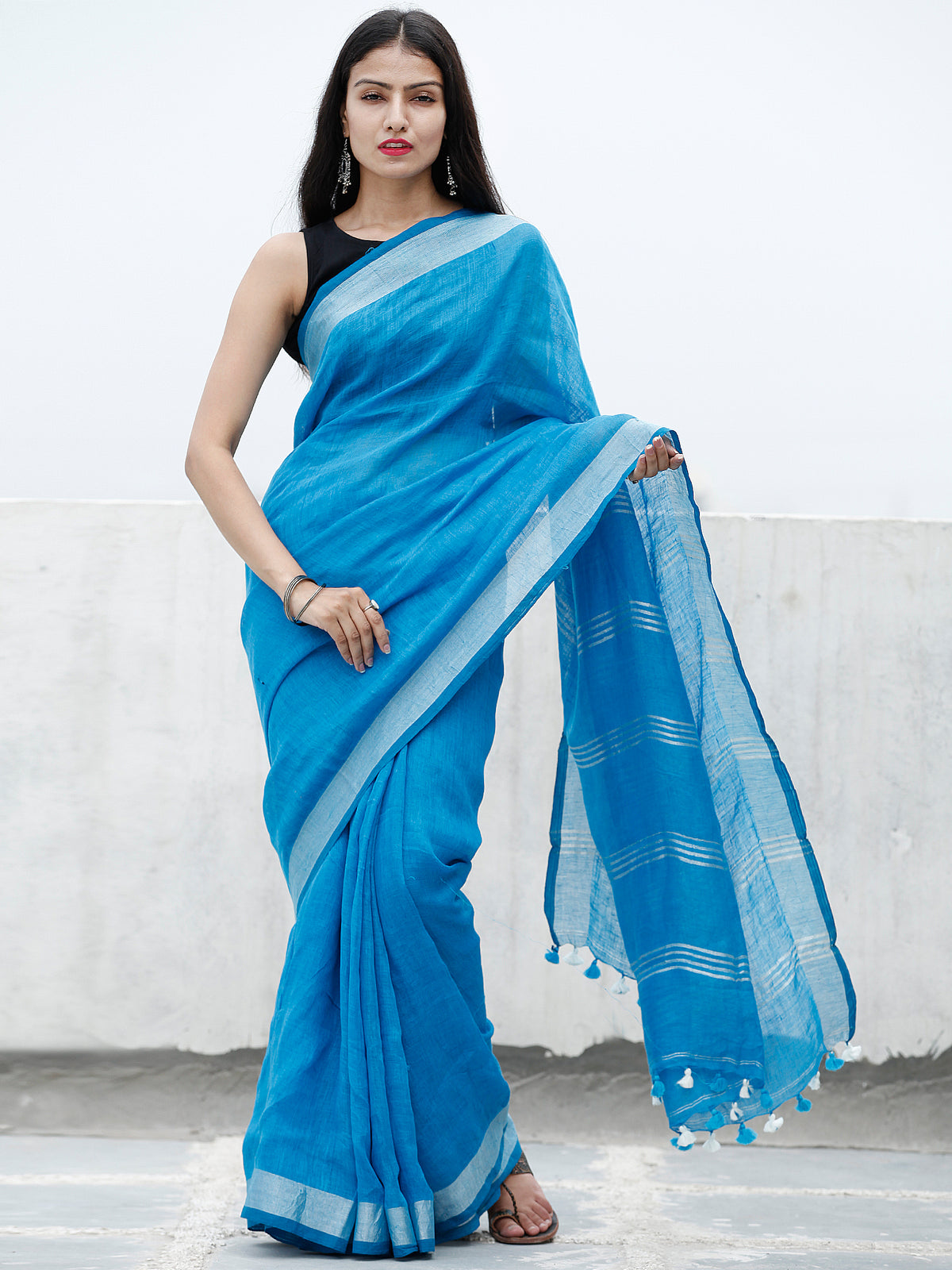 Deep Sky Blue Silver Handwoven Linen Saree With Zari Border & Tassels - S031703753