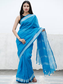 Deep Sky Blue Silver Handwoven Linen Saree With Zari Border & Tassels - S031703753