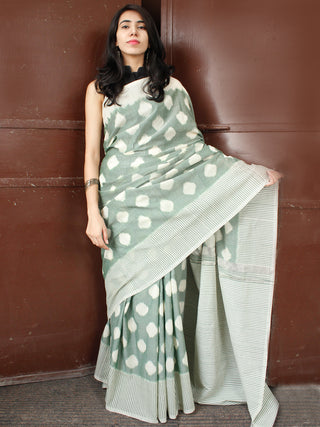 Sage Green Ivory Double Ikat Handwoven Mercerised Cotton Saree - S031703659