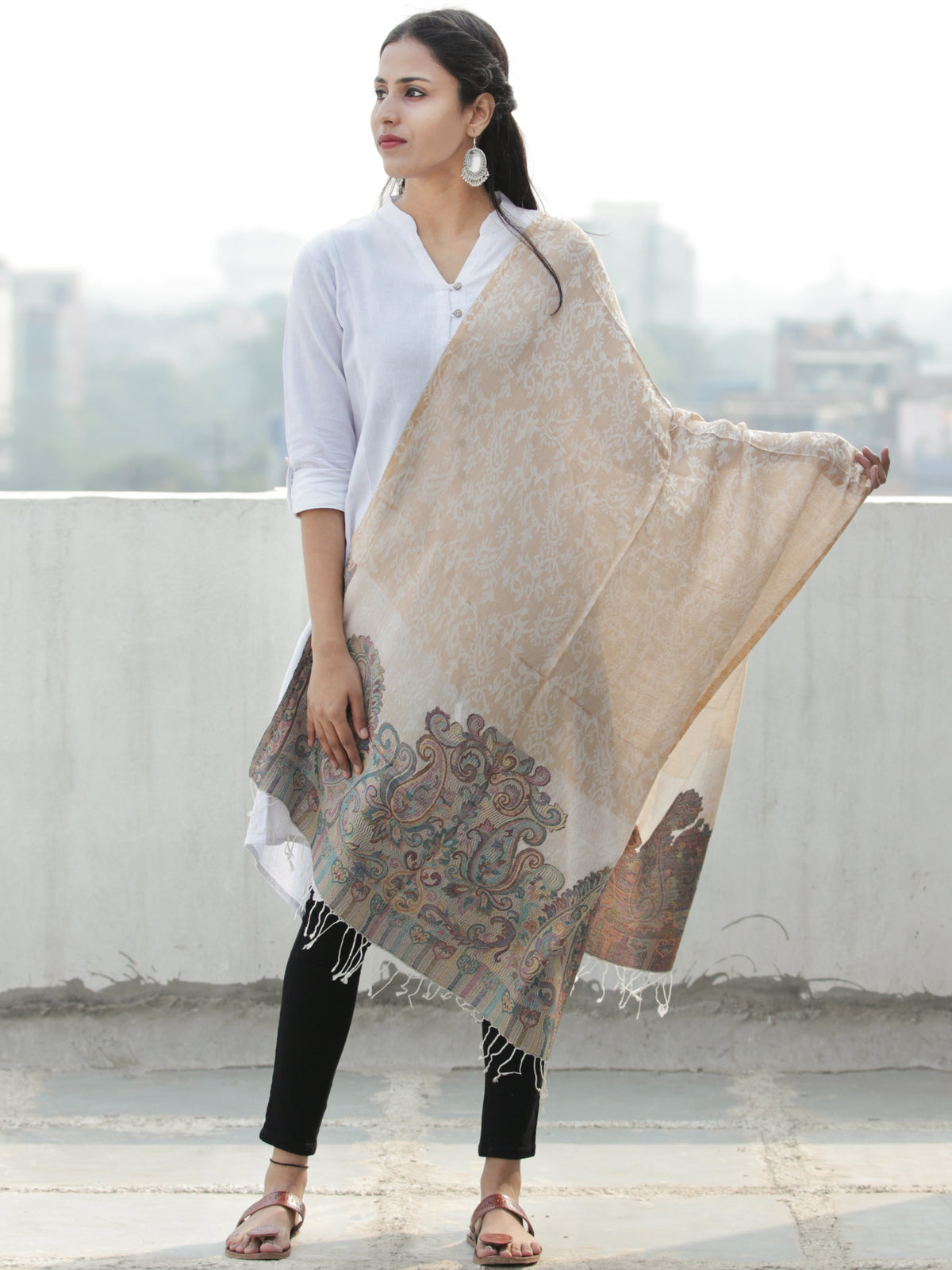 Beige Ivory Light Brown Paisly Weaved Border Silk Wool Kashmiri Stole - S200571
