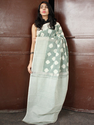 Sage Green Ivory Double Ikat Handwoven Mercerised Cotton Saree - S031703659