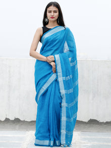 Deep Sky Blue Silver Handwoven Linen Saree With Zari Border & Tassels - S031703753