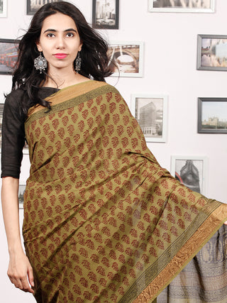 Olive Green Rust Black Bagh Printed Maheshwari Cotton Saree - S031703321