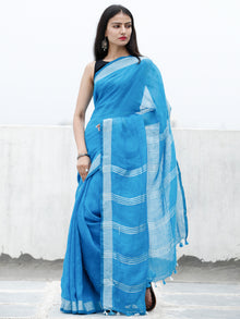 Deep Sky Blue Silver Handwoven Linen Saree With Zari Border & Tassels - S031703753