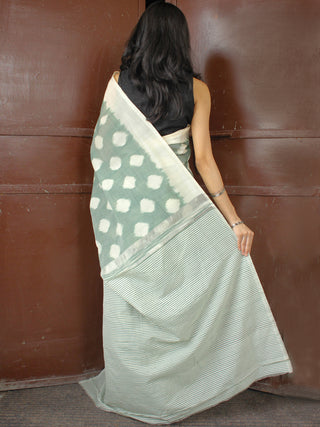 Sage Green Ivory Double Ikat Handwoven Mercerised Cotton Saree - S031703659