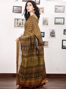 Olive Green Rust Black Bagh Printed Maheshwari Cotton Saree - S031703321
