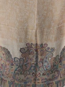 Beige Ivory Light Brown Paisly Weaved Border Silk Wool Kashmiri Stole - S200571