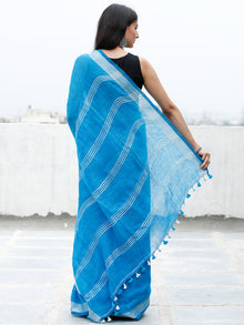 Deep Sky Blue Silver Handwoven Linen Saree With Zari Border & Tassels - S031703753