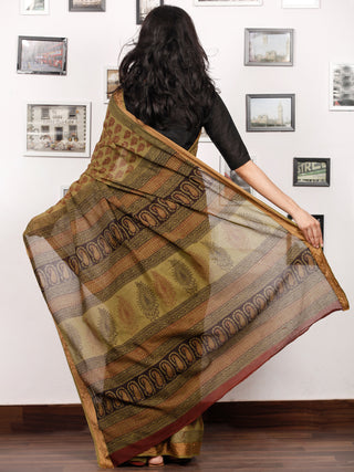Olive Green Rust Black Bagh Printed Maheshwari Cotton Saree - S031703321