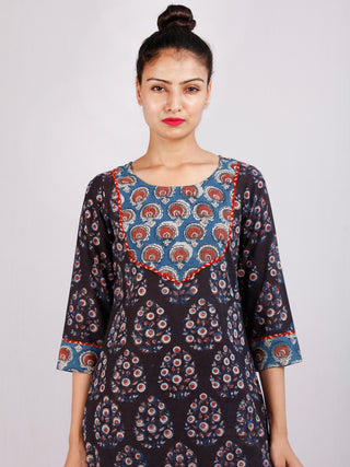Deep Indigo Rust Ivory Hand Block Printed Cotton Kurta - K186F1837