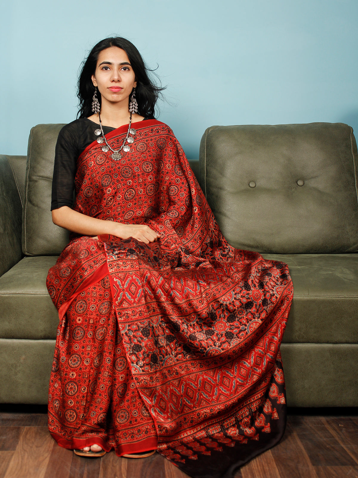 Red Indigo Black Ajrakh Hand Block Printed Modal Silk Saree in Natural Colors - S031703362