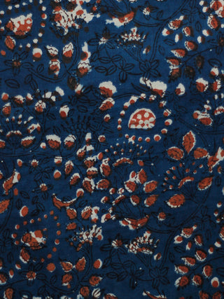 Indigo Ivory Rust Hand Block Printed Cotton Fabric Per Meter - F001F1826