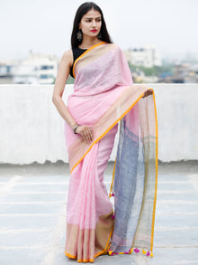 Baby Pink Blue Orange Golden Handwoven Linen Saree With Zari Border & Tassels - S031703754