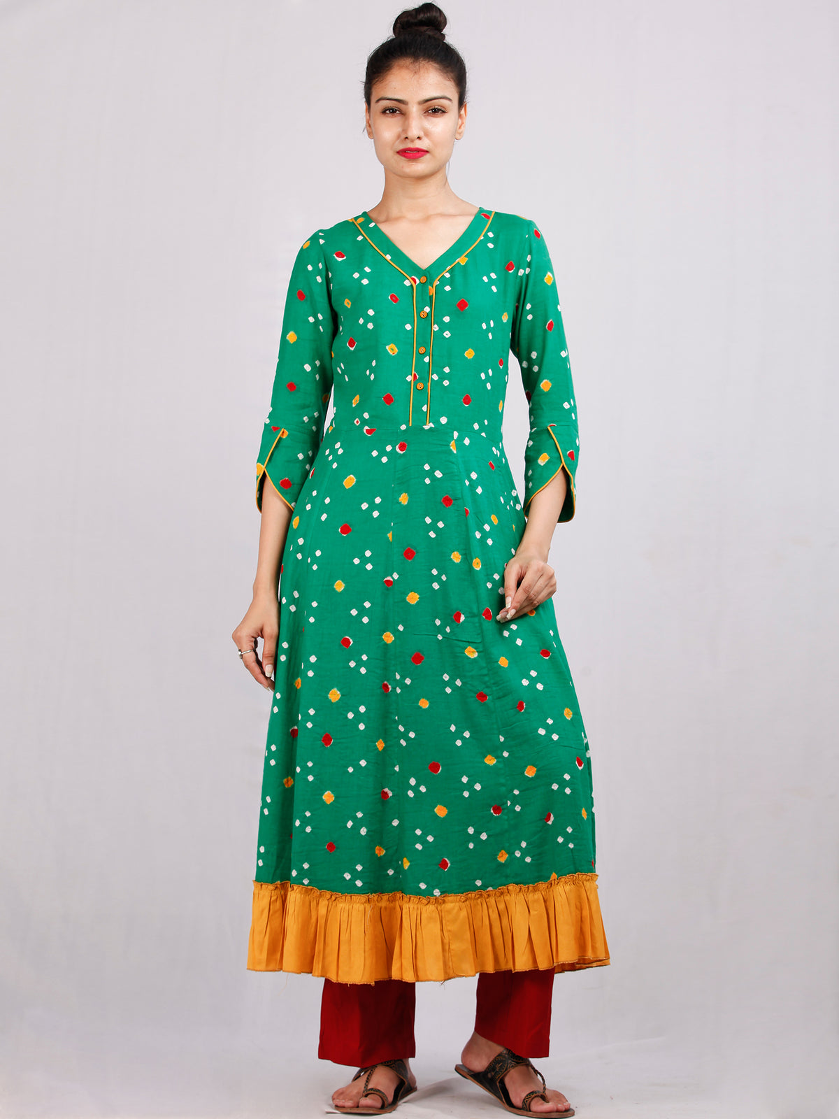Parrot Green Mustard Bandhani  Printed Glace Cotton Kurta  - K187F1848