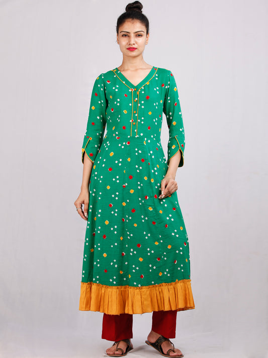 Parrot Green Mustard Bandhani  Printed Glace Cotton Kurta  - K187F1848