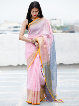 Baby Pink Blue Orange Golden Handwoven Linen Saree With Zari Border & Tassels - S031703754